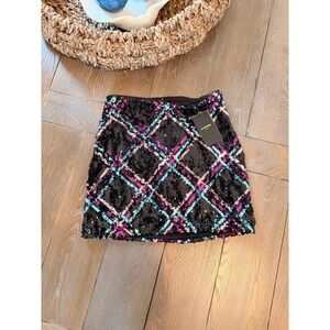 NWT Le Superbe Argyle Hotel Sequin Mini Skirt Women Black Multi Plaid Size 2